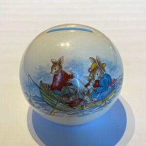VTG Royal Doulton Bunnykins Rowboat Fishing Scene Spherical Coin Bank